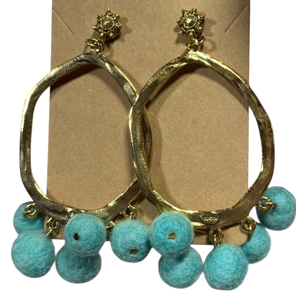 YOCHI Teardrop Pom Pom Teal Wool Gold Tone Large 3" Drop Pierced